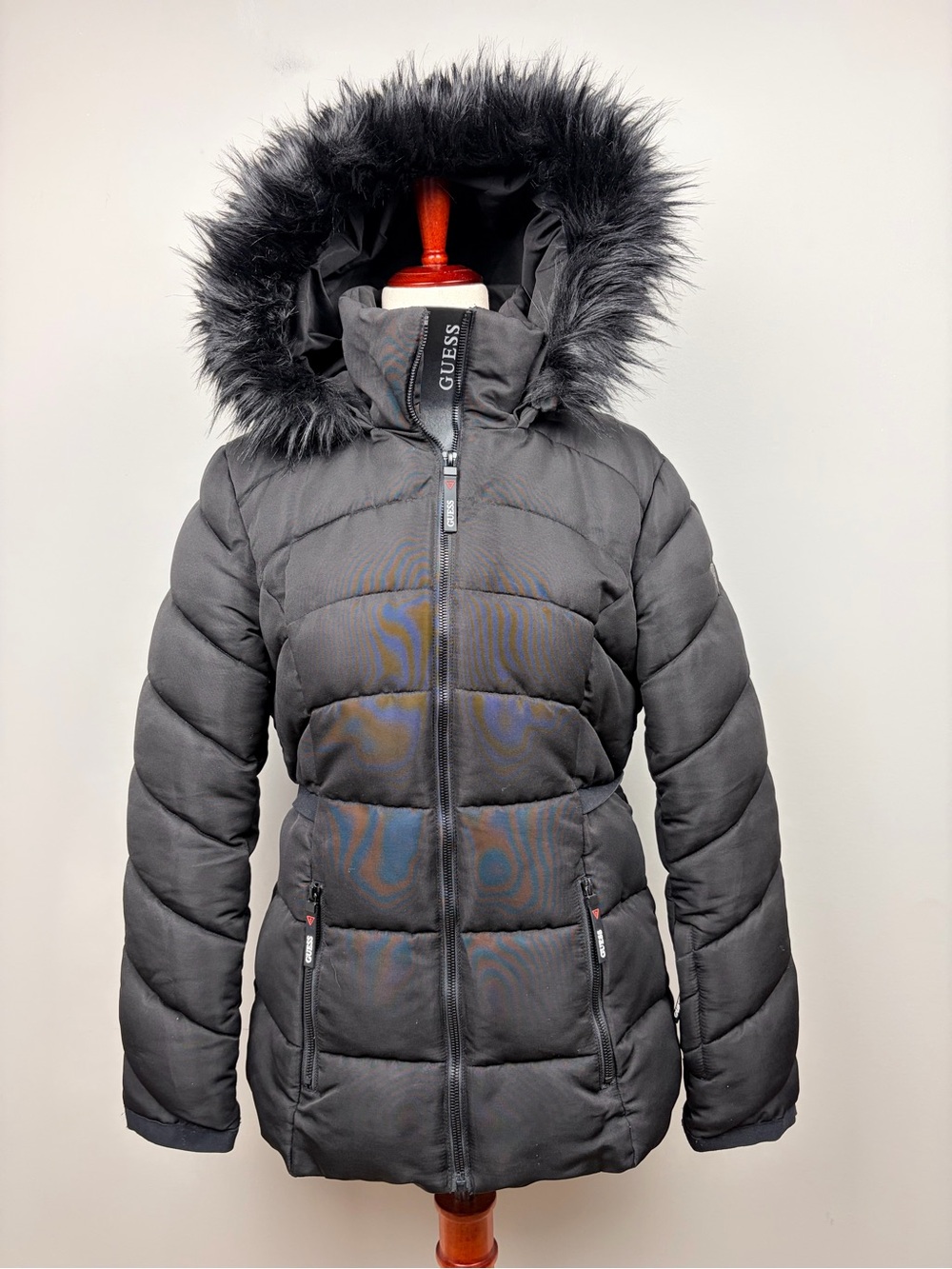 Guess Womens Black Puffer Coat Faux Fur Trim Hood Zip Winter Jacket M